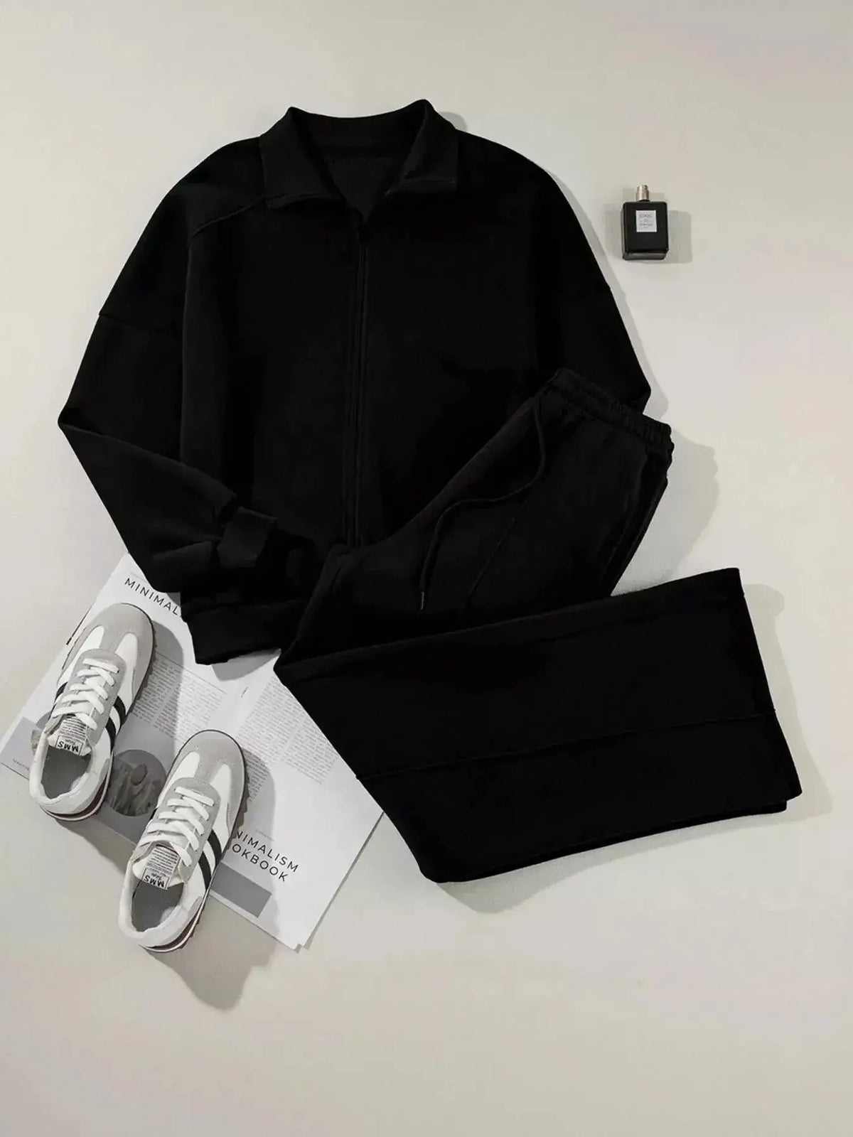 Women’s drop shoulder zip-up jacket and jogger sweat suit set by Plush Fashion Hub, comfortable lounge wear for casual style.