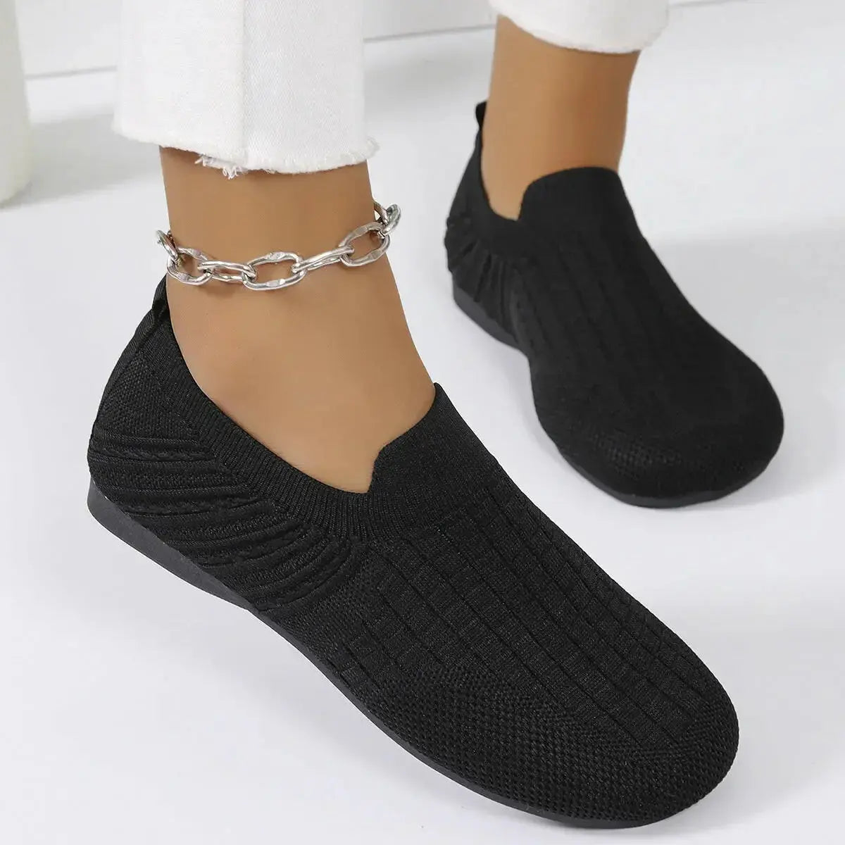Women's breathable mesh casual flats in solid color, lightweight walking shoes by Plush Fashion Hub.