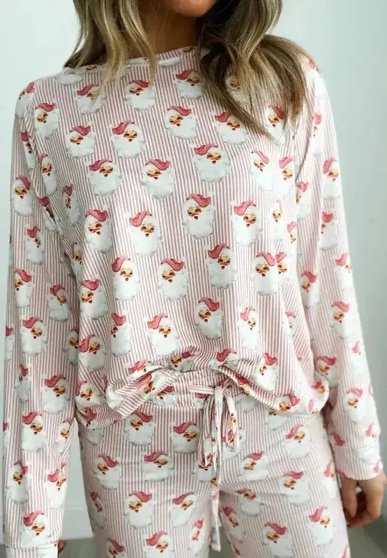 Women’s festive Santa print long sleeve pajamas lounge set by Plush Fashion Hub, featuring cozy holiday-themed sleepwear for women.