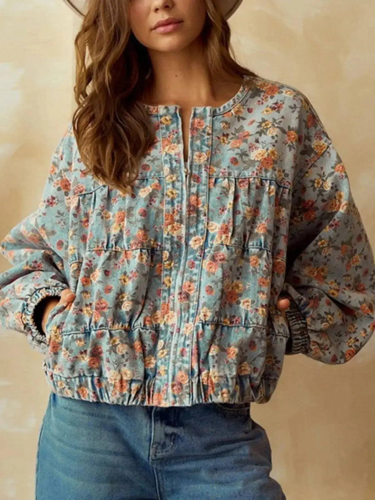 Women's floral print cropped denim utility jacket by Plush Fashion Hub, featuring a zip-up front and cotton blend fabric.