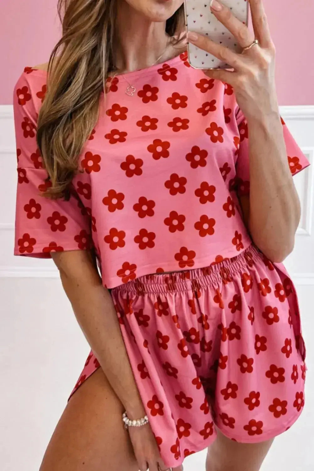 Women’s floral print cropped tee and shorts pajama lounge set by Plush Fashion Hub, featuring comfortable, stylish sleepwear.