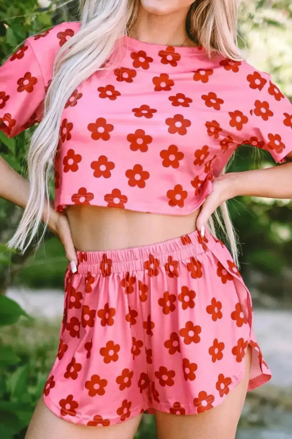 Women’s floral print cropped tee and shorts pajama lounge set by Plush Fashion Hub, featuring comfortable, stylish sleepwear.