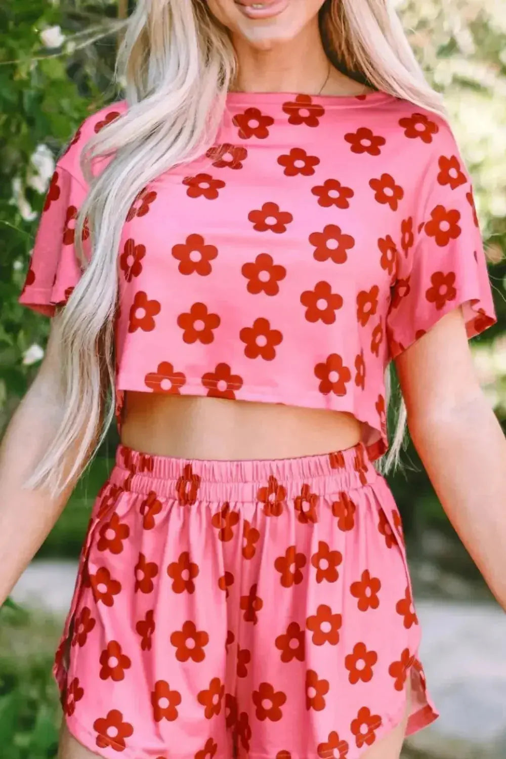 Women’s floral print cropped tee and shorts pajama lounge set by Plush Fashion Hub, featuring a comfortable, stylish sleepwear ensemble.