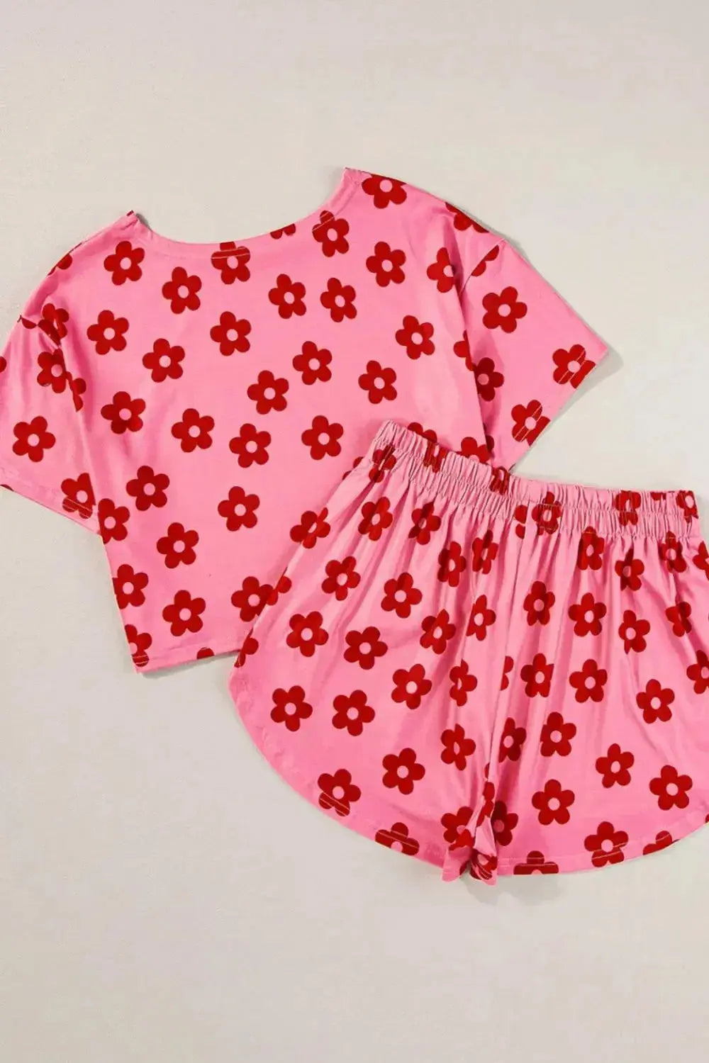 Women’s floral print cropped tee and shorts pajama lounge set by Plush Fashion Hub, casual and comfortable sleepwear ensemble.