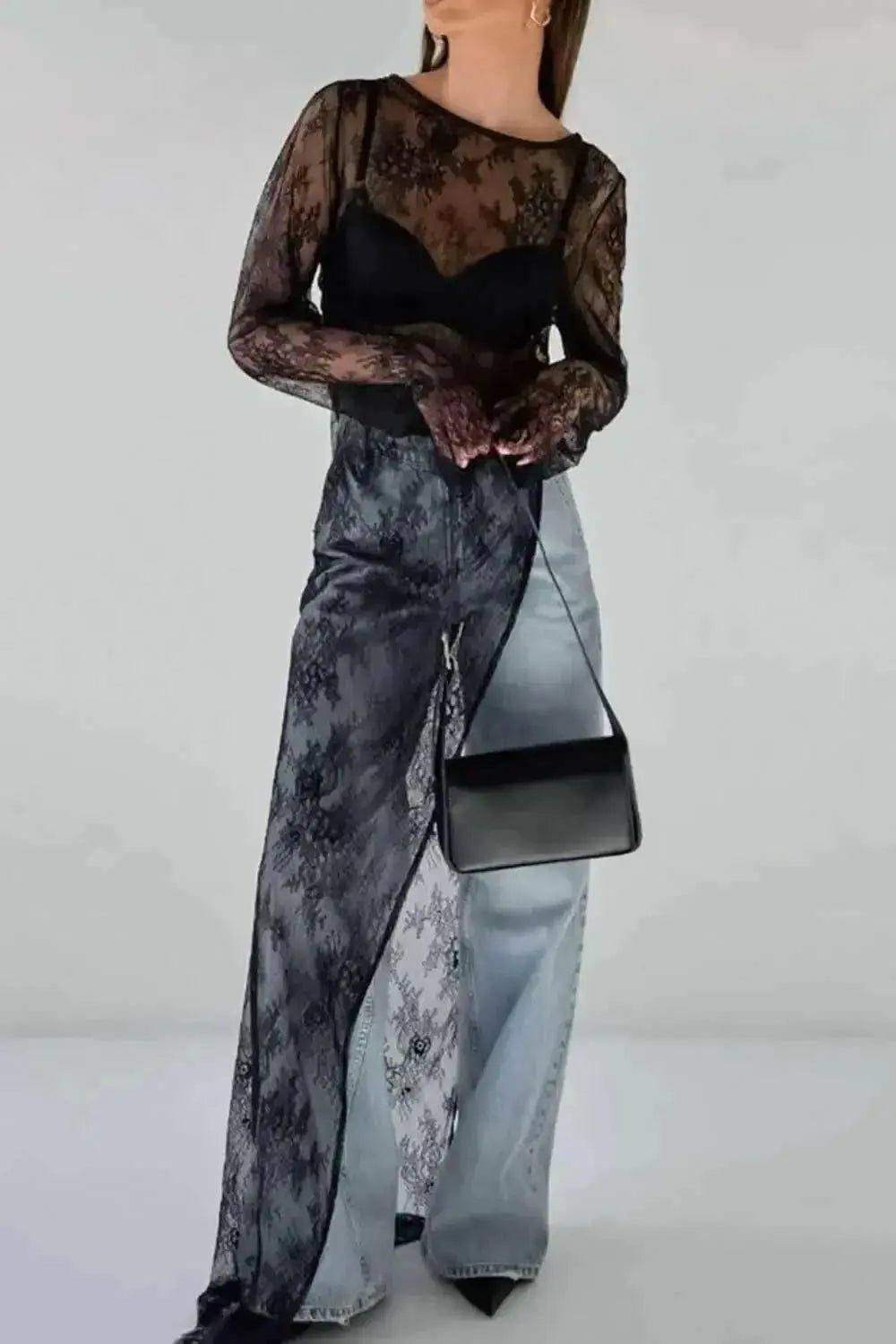 Women’s lace sheer long sleeve floral blouse top with fringe details by Plush Fashion Hub, stylish and elegant for any occasion.