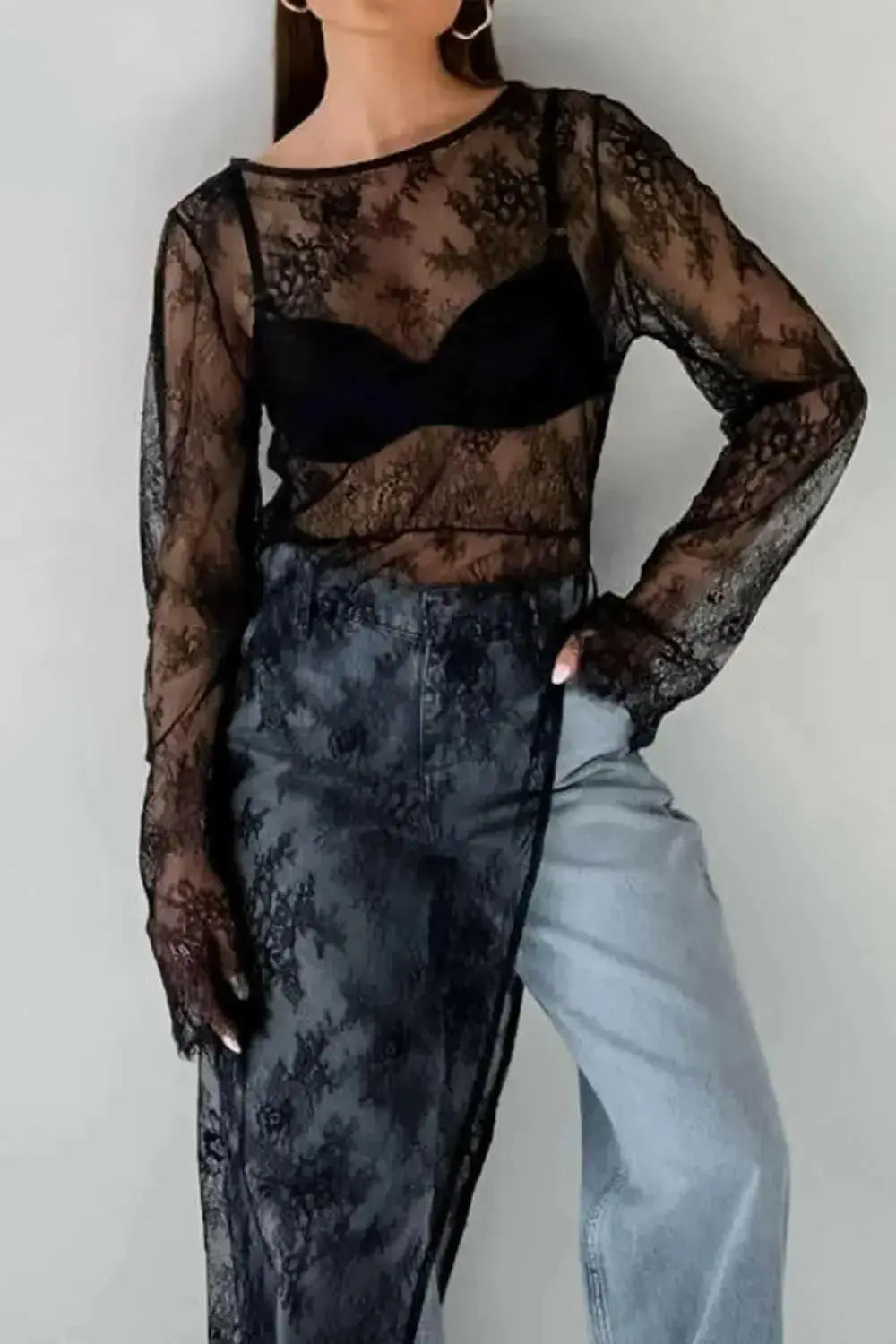 Women’s sheer floral lace blouse with long sleeves and fringe details by Plush Fashion Hub. Elegant top for stylish occasions.