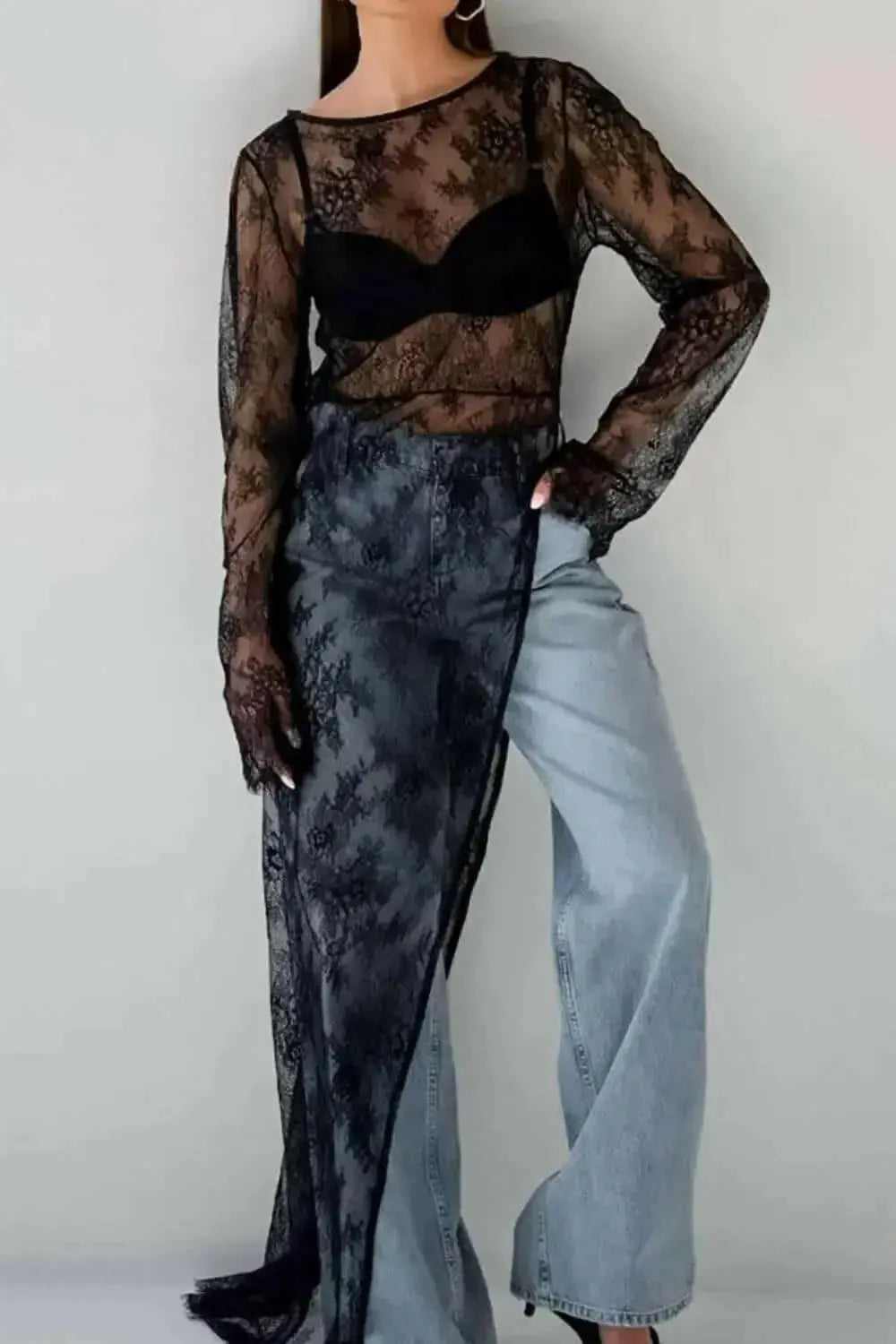 Women’s fringe lace sheer long sleeve floral blouse top from Plush Fashion Hub featuring an elegant floral pattern.