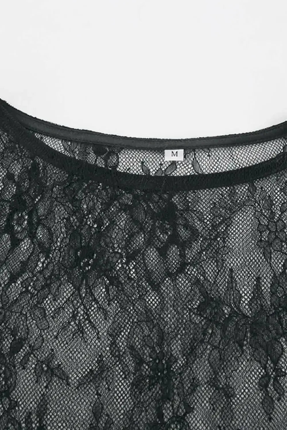 Women’s fringe lace sheer long sleeve floral blouse top by Plush Fashion Hub featuring elegant floral pattern and delicate details.