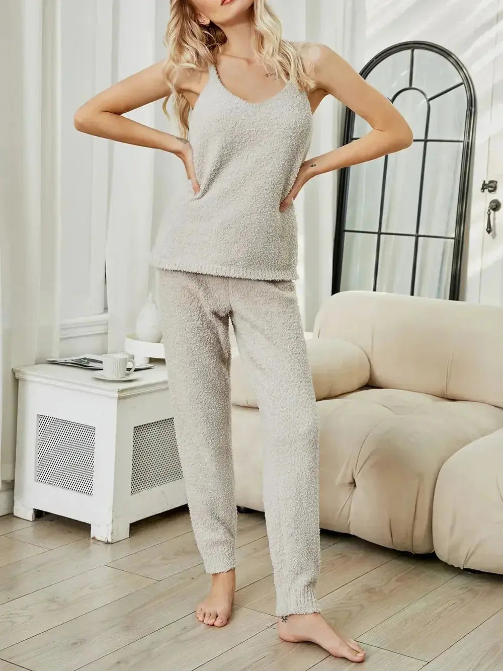Women's fuzzy V-neck cami and pants two-piece lounge sleepwear set, soft and cozy pajamas from Trendsi.