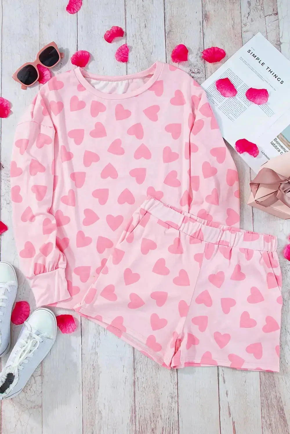 Women's heart print long sleeve pajama set featuring a cozy two-piece plush lounge outfit by Trendsi.