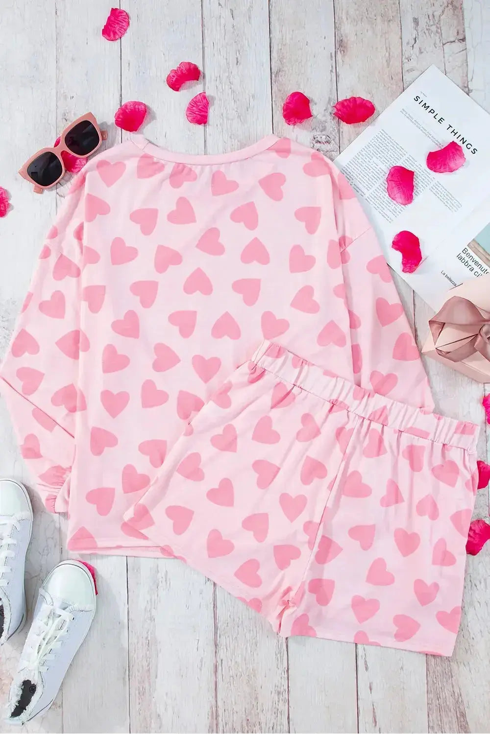 Women’s heart print long sleeve lounge set by Trendsi, cozy two-piece pajama with plush fabric, perfect for relaxation.