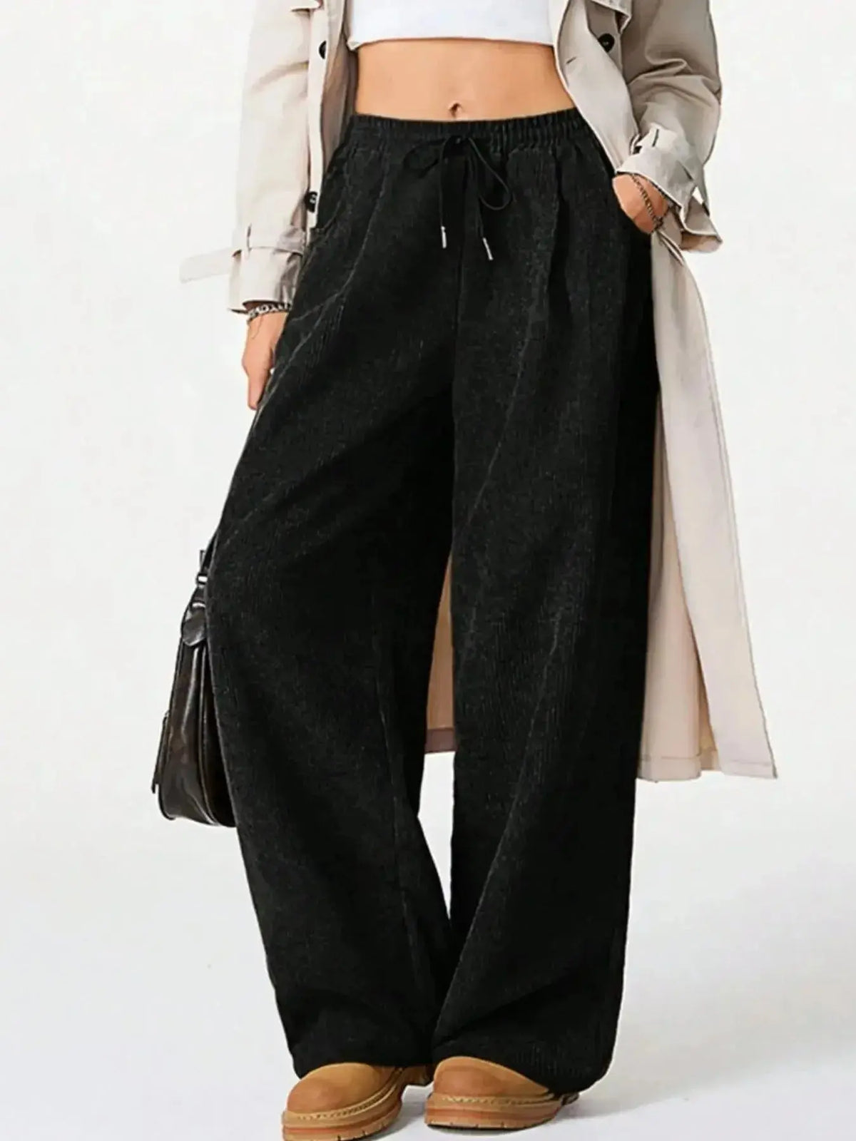 Women’s high-waisted wide-leg lounge pants by Plush Fashion Hub with drawstring waist, casual and comfortable for everyday wear.