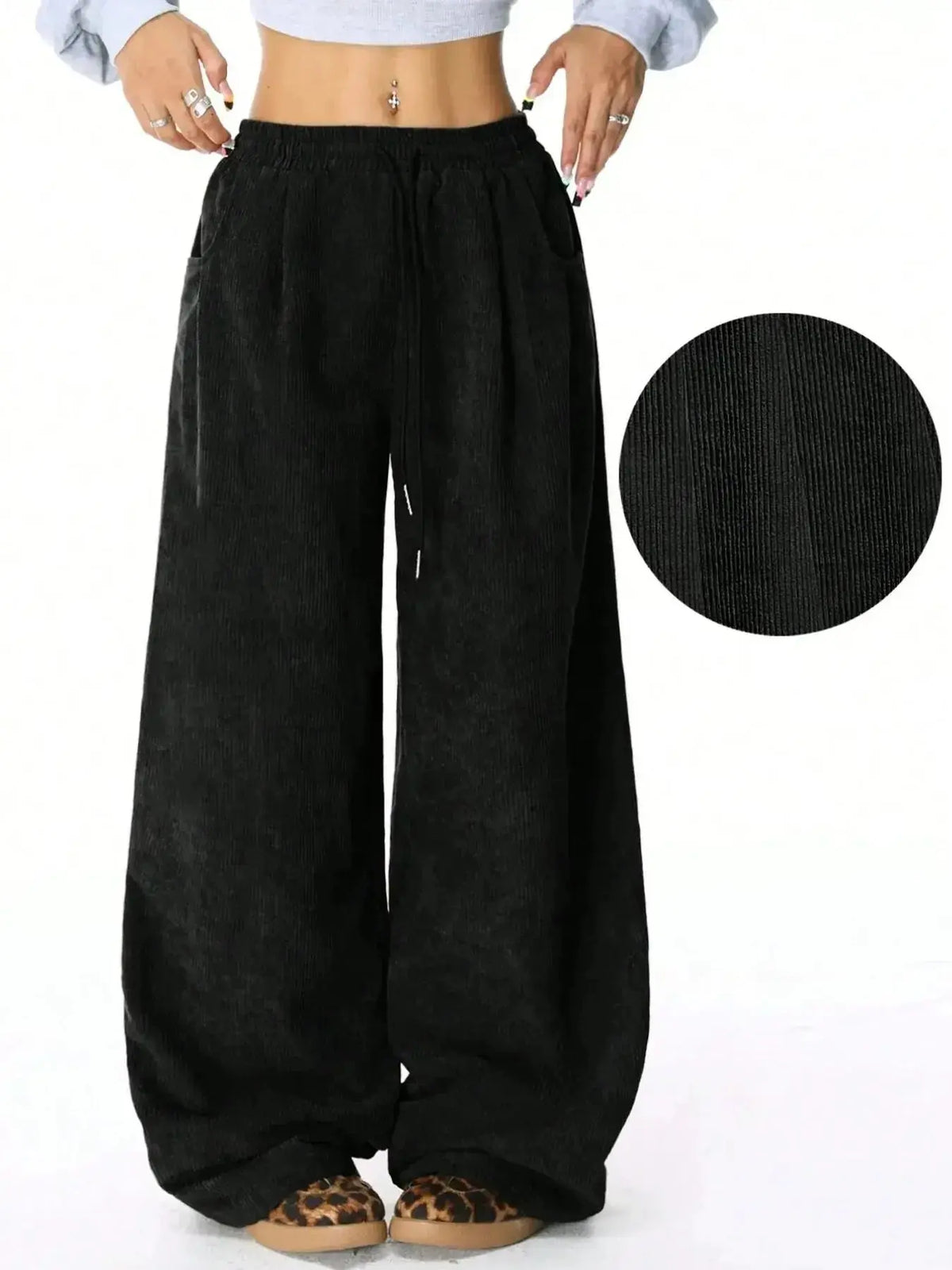 Women’s high-waisted wide-leg lounge pants with drawstring waist from Plush Fashion Hub, casual and comfortable casual wear.