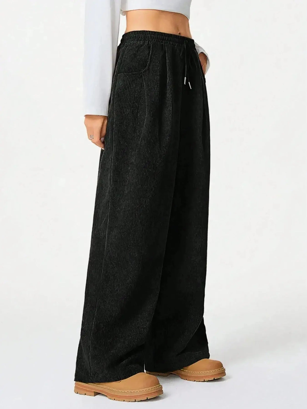 Women’s high-waisted wide leg lounge pants by Plush Fashion Hub with drawstring waist, perfect for casual and comfortable wear.