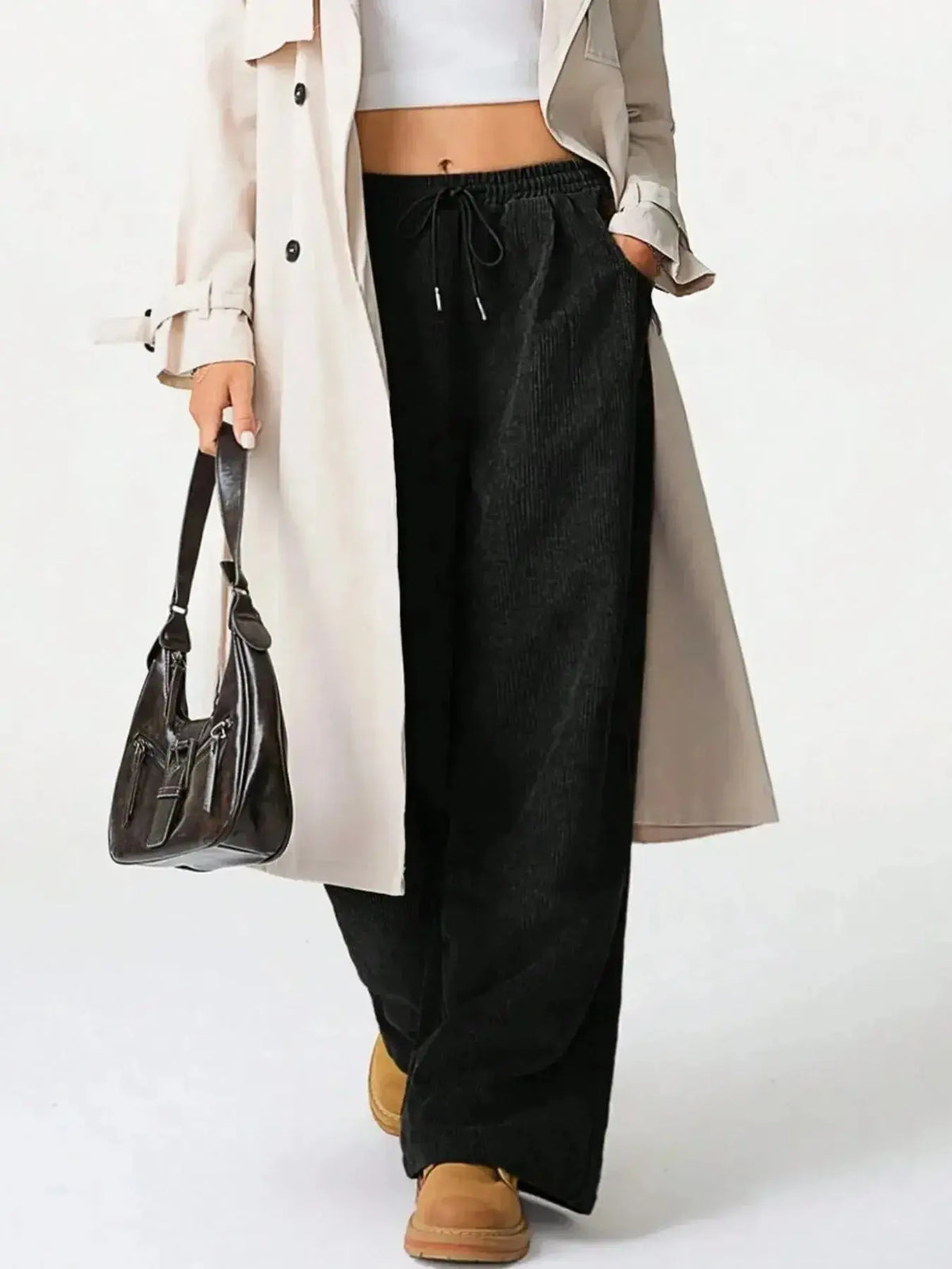 Women’s high-waisted wide-leg lounge pants by Plush Fashion Hub with drawstring, perfect for casual wear and comfortable lounging.