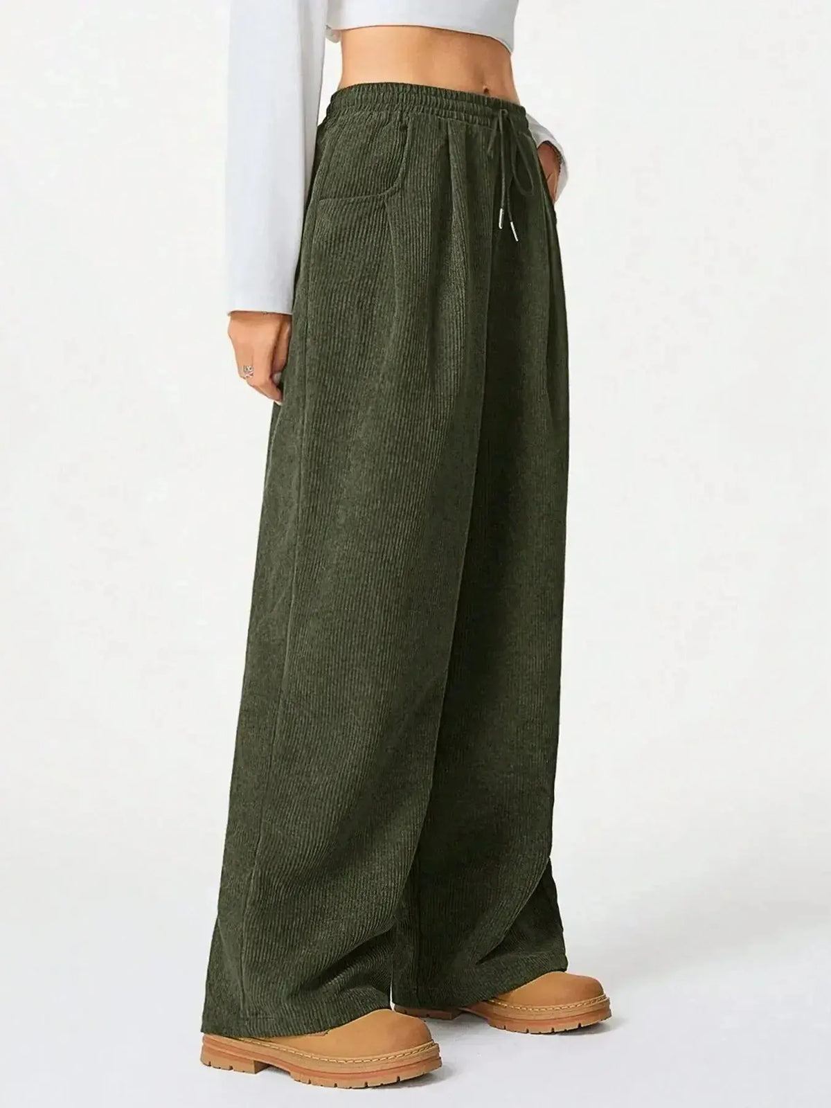 Women’s high-waisted wide-leg lounge pants with drawstring, casual wear from Plush Fashion Hub, comfortable and trendy for relaxed outfits.