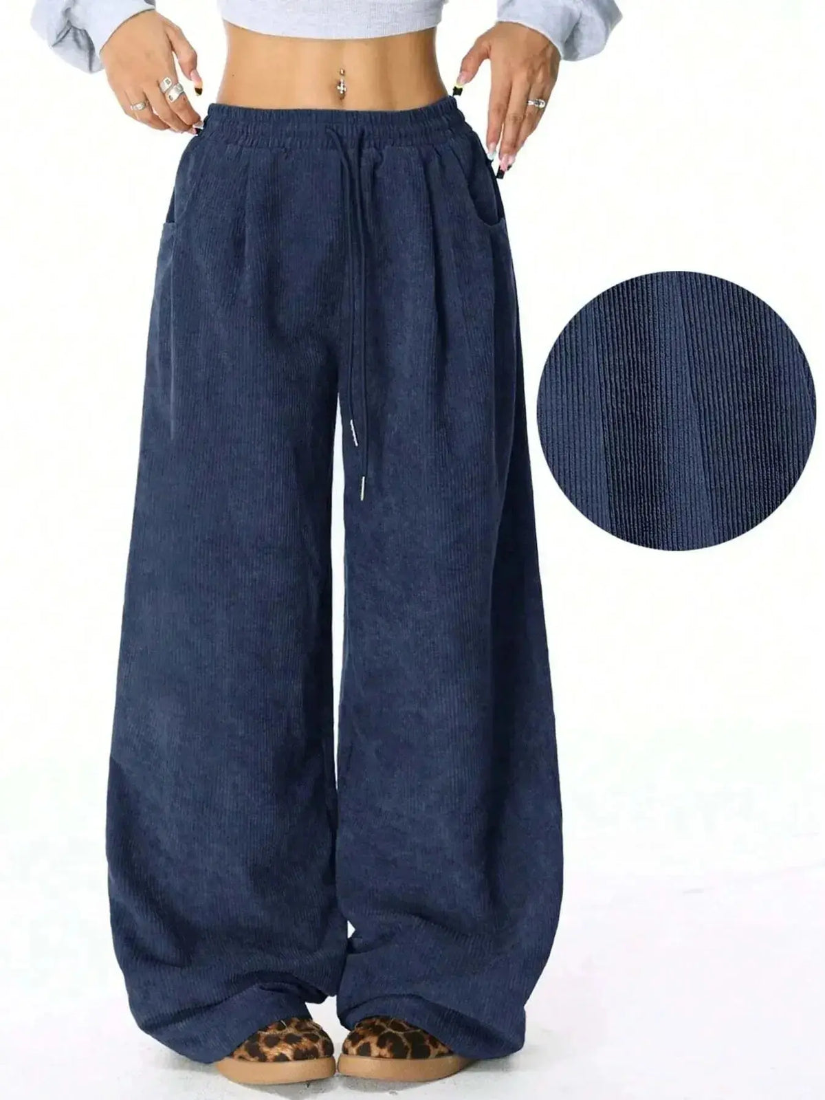 Women’s high-waisted wide-leg drawstring lounge pants by Plush Fashion Hub, casual and comfortable for relaxed wear.