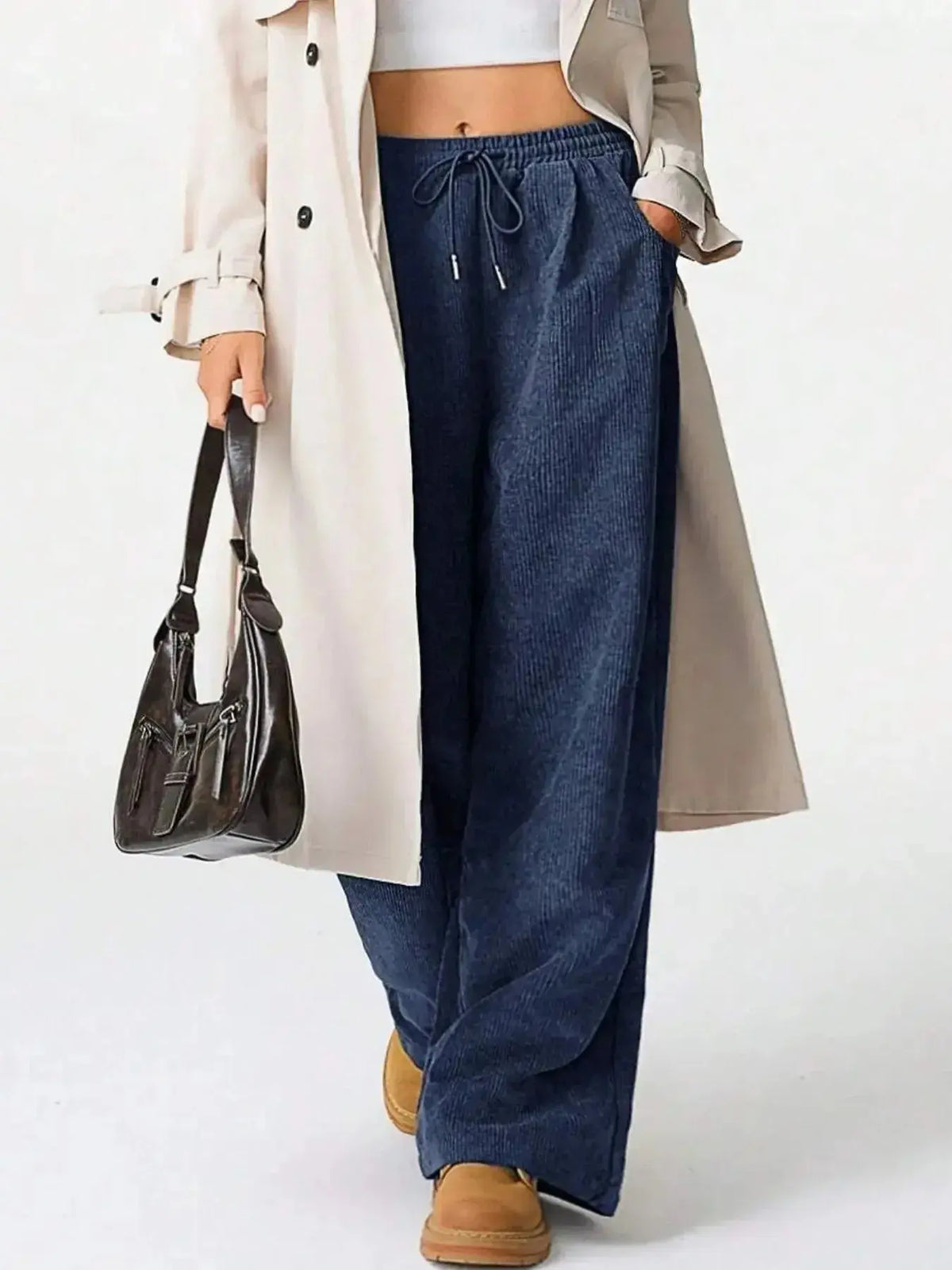 Women’s high-waisted wide-leg lounge pants with drawstring, casual wear by Plush Fashion Hub, comfortable and trendy for relaxed outfits.