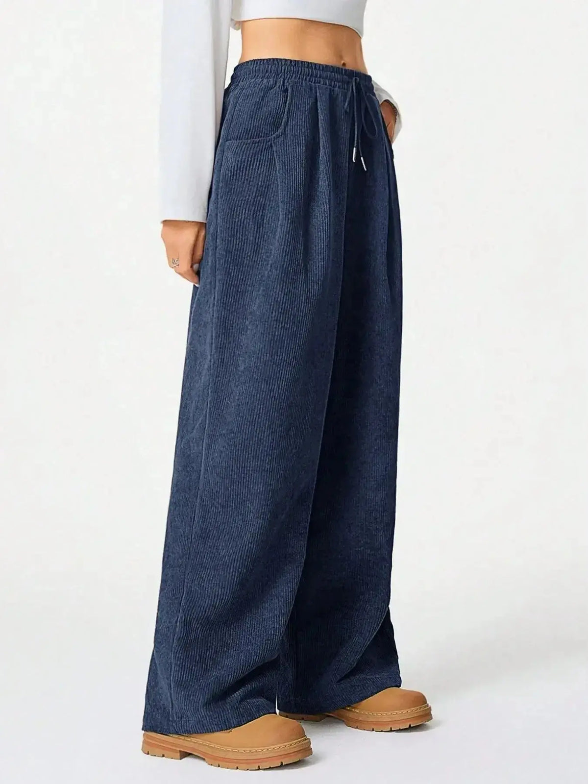 Women’s high waisted wide-leg drawstring lounge pants by Plush Fashion Hub, comfortable casual wear with relaxed fit and stylish design.