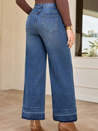 Women’s high-waisted wide-leg washed denim jeans with a relaxed fit, featuring classic denim styling and trendy design.