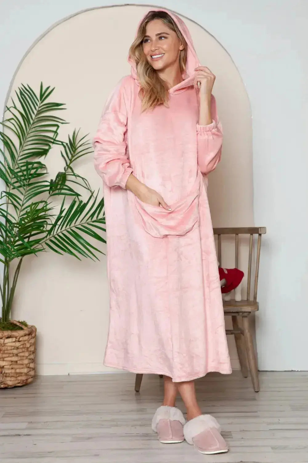 Women’s hooded midi lounge dress with pockets, made by Plush Fashion Hub, cozy pajamas for relaxed comfort and casual style.