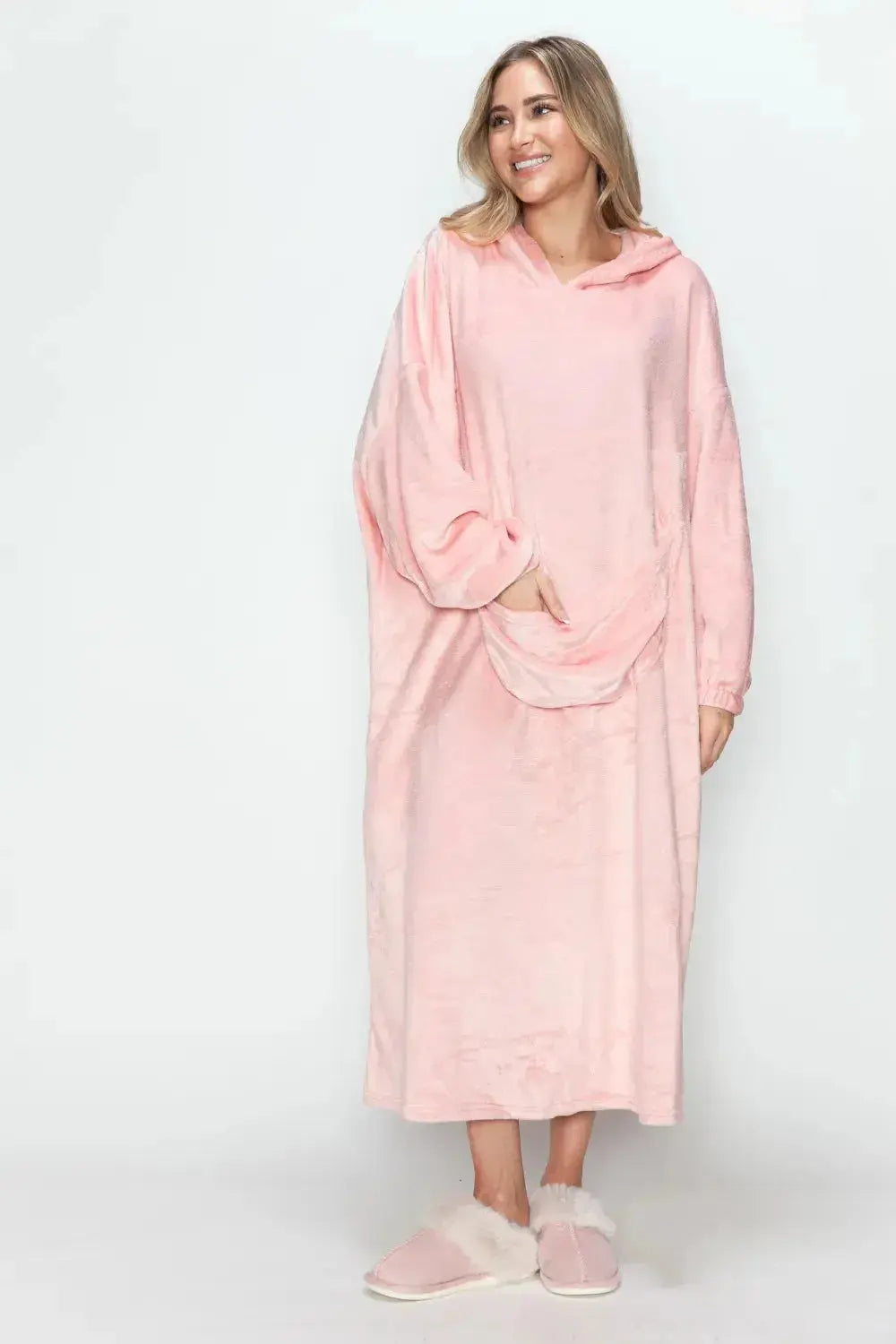Women’s hooded midi lounge dress with pockets by Plush Fashion Hub, featuring a cozy, relaxed fit and soft fabric.