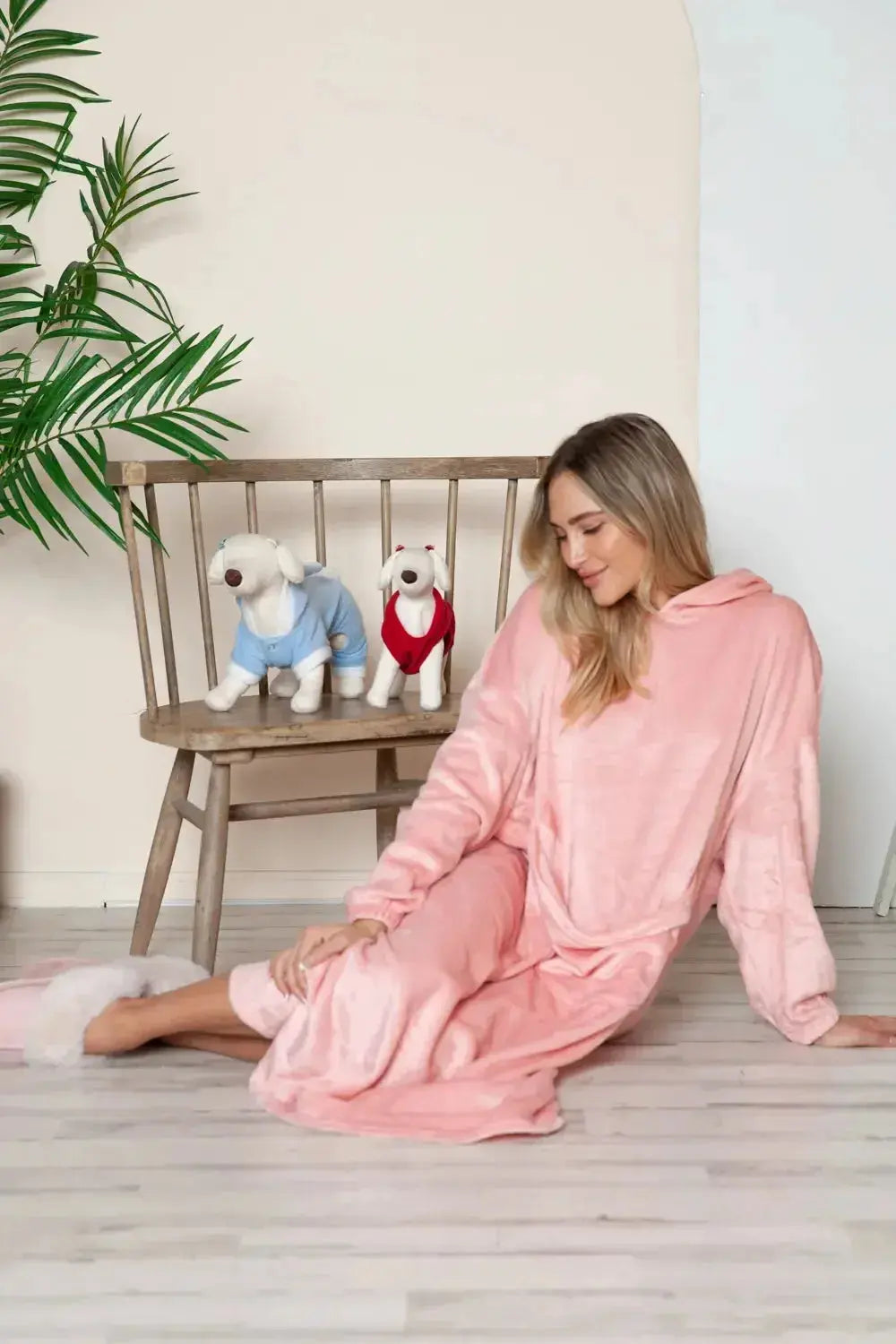 Women’s hooded midi lounge dress with pockets by Plush Fashion Hub, made from soft, cozy fabric perfect for relaxed comfort.