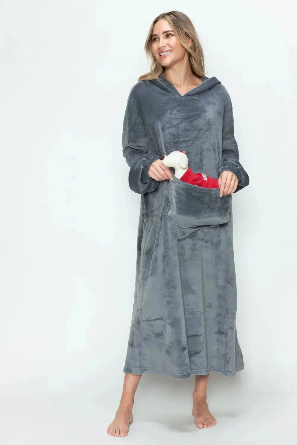 Women’s hooded midi lounge dress with pockets by Plush Fashion Hub, soft and comfortable pajama dress for relaxed wear.