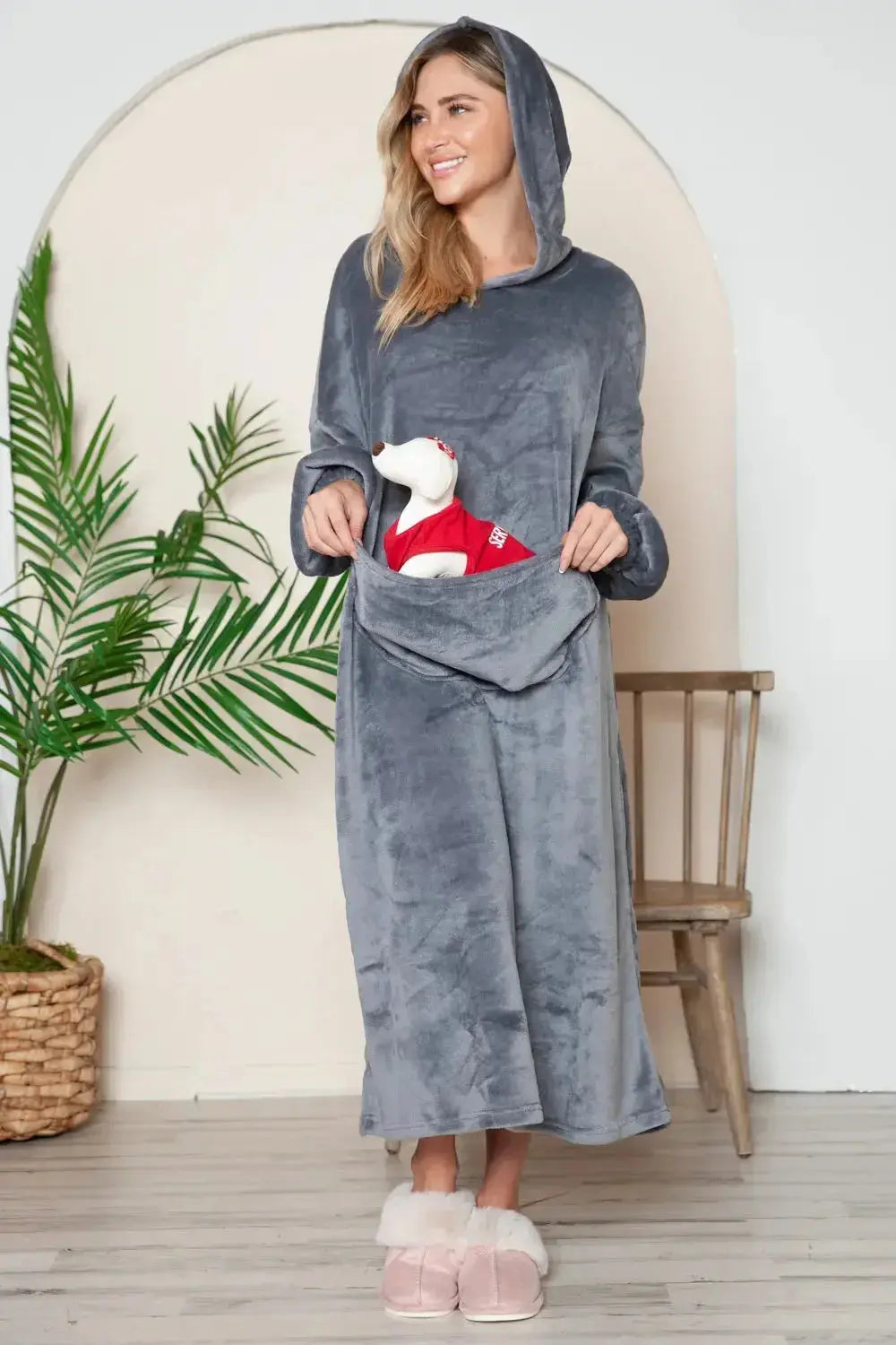 Women’s hooded midi lounge dress with pockets, soft pajamas by Plush Fashion Hub, perfect for comfortable, casual wear.