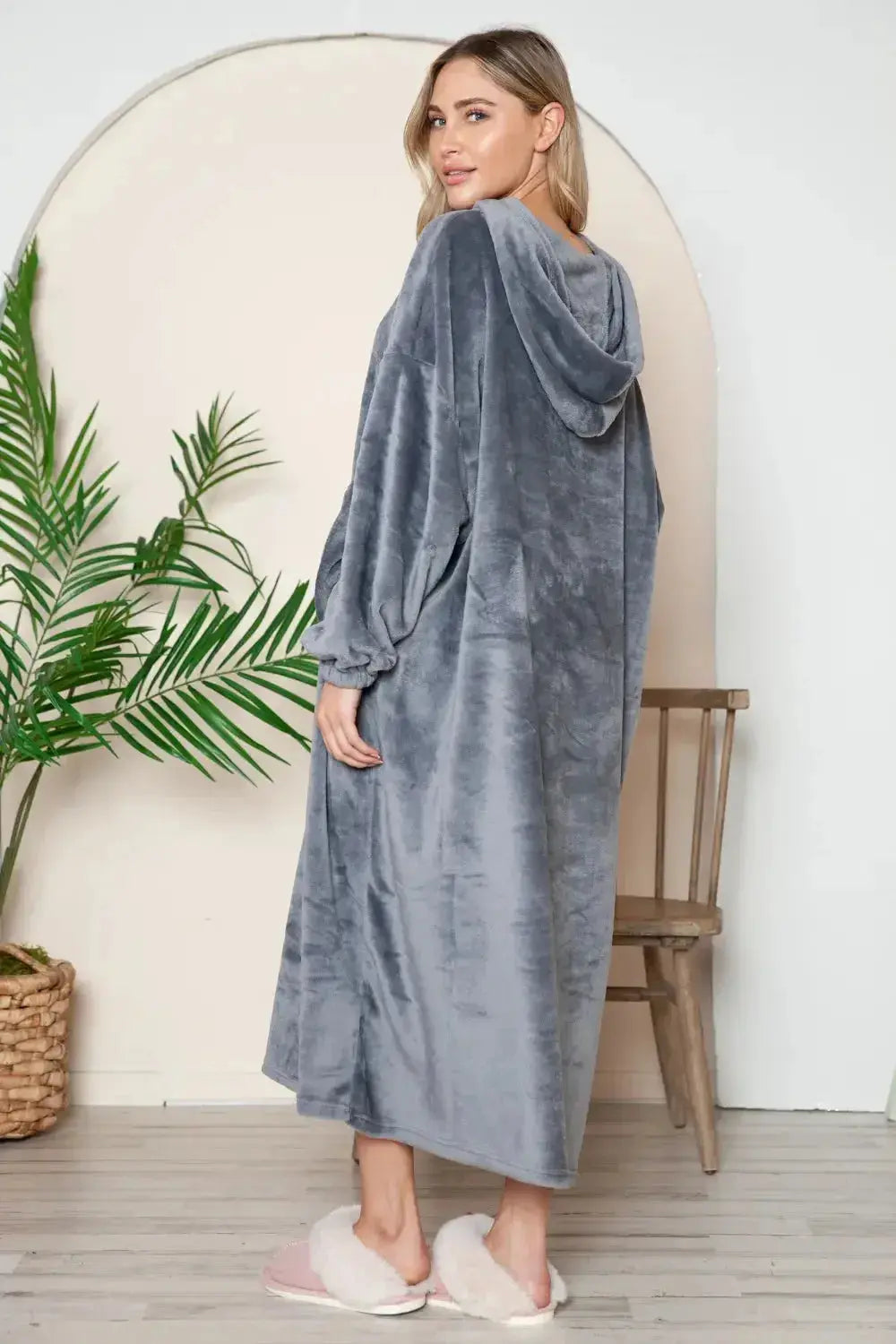 Women’s hooded midi lounge dress with pockets by Plush Fashion Hub, cozy pajamas perfect for relaxing at home.