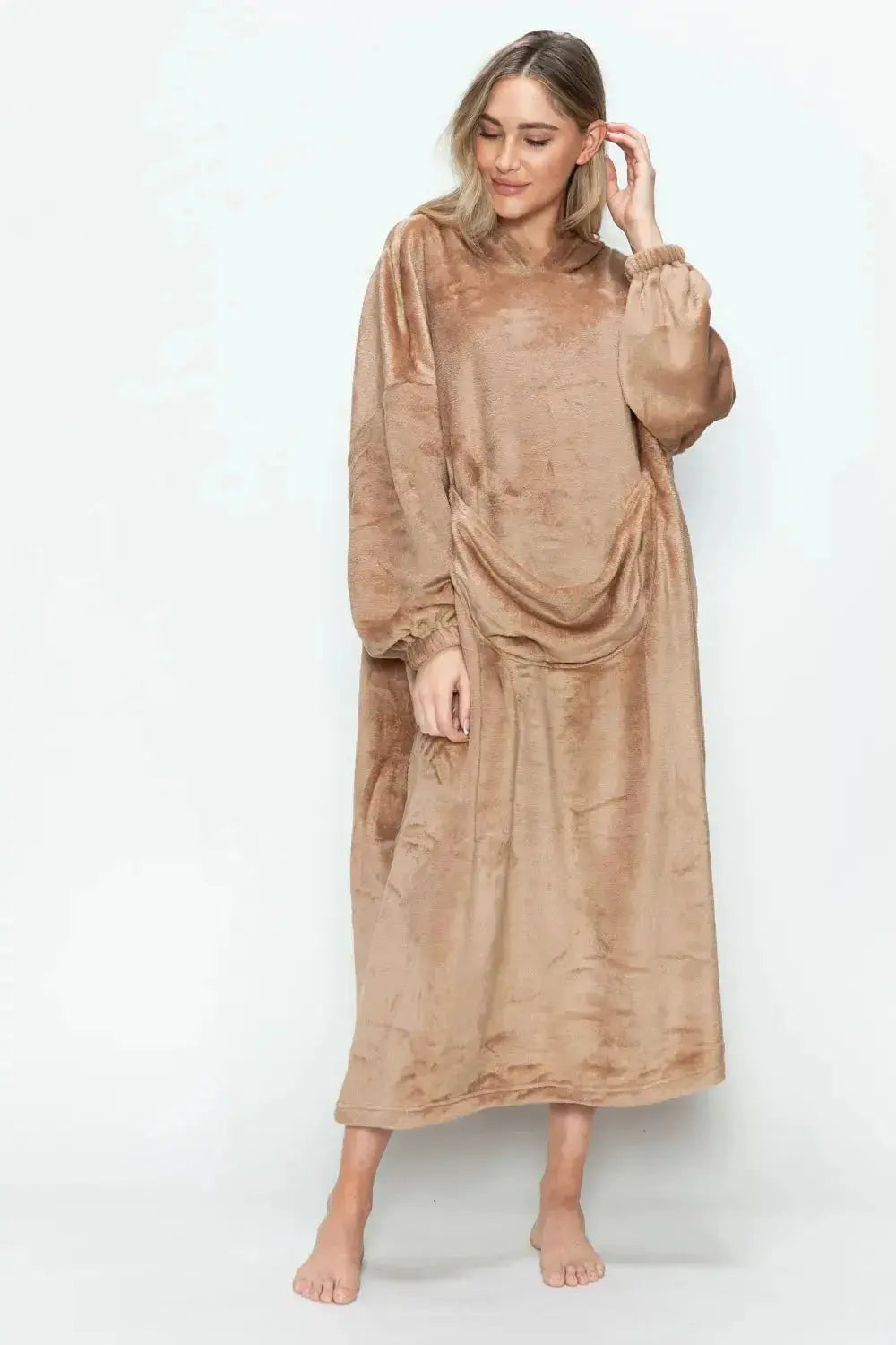 Women’s hooded midi lounge dress with pockets by Plush Fashion Hub, made from soft, comfortable pajamas fabric.