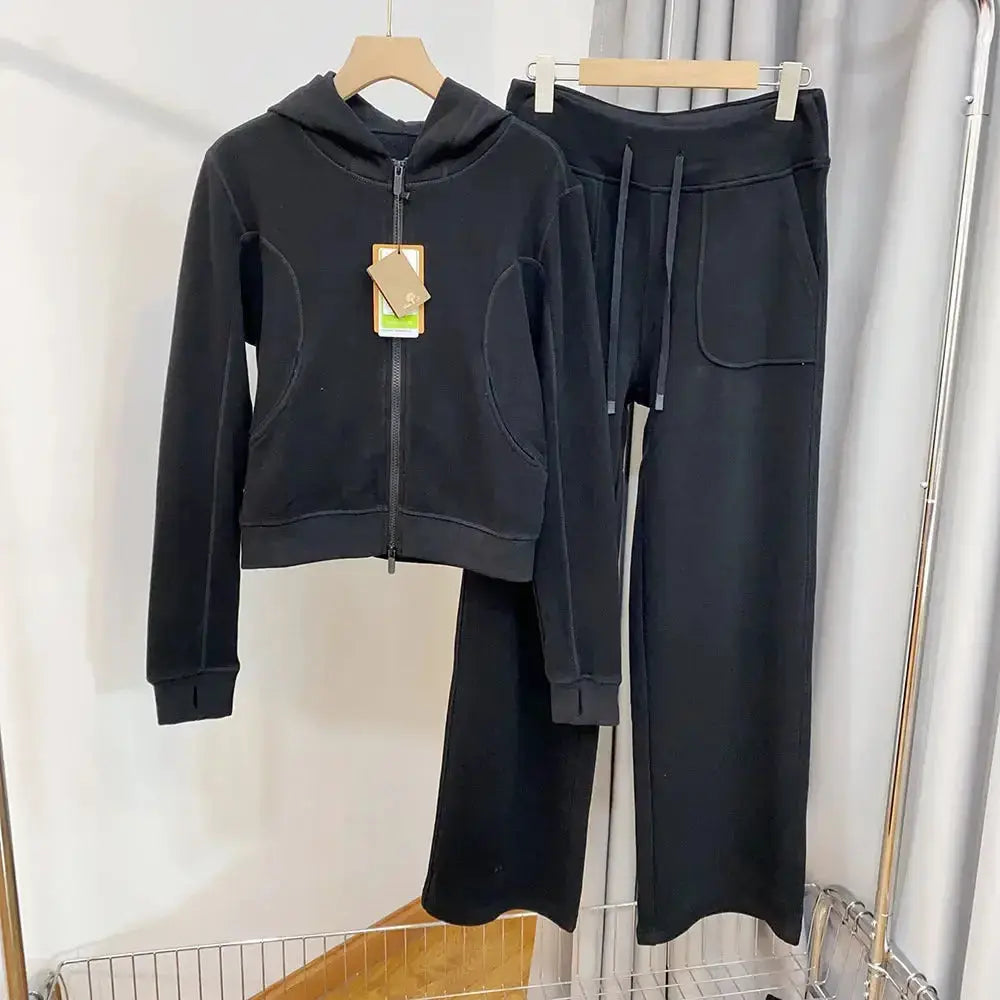 Women’s hooded sweatshirt and wide-leg pants lounge set by Plush Fashion Hub, soft fabric, casual wear, comfortable fit.