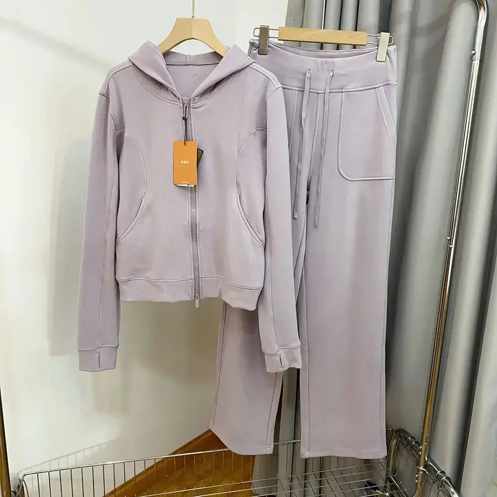Women’s hooded sweatshirt and wide-leg pants lounge set by Plush Fashion Hub, soft, comfortable sweatsuit for casual wear.
