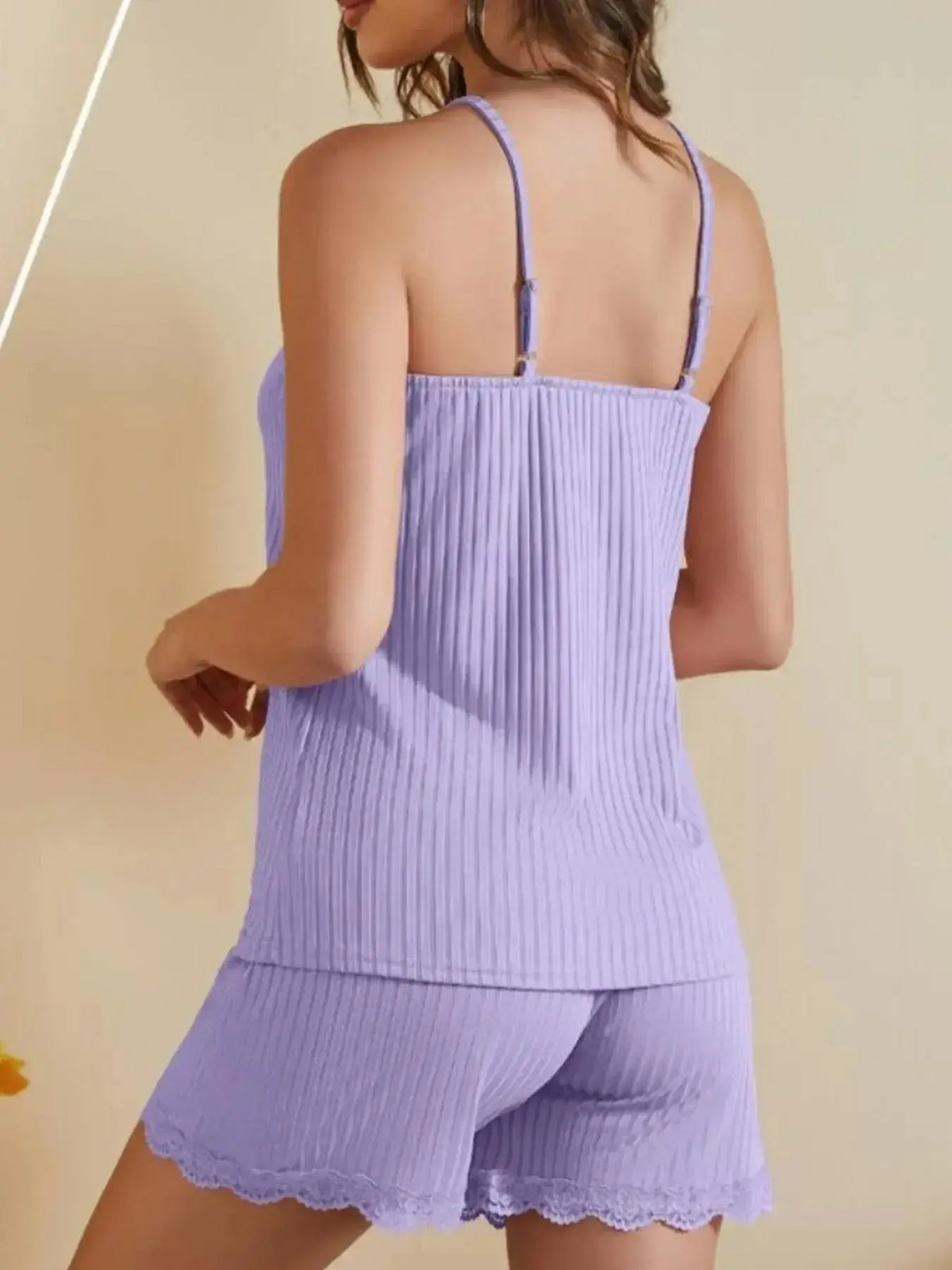 Women’s lace-trimmed ribbed cami and shorts pajama lounge set by Plush Fashion Hub, featuring soft fabric and stylish design.