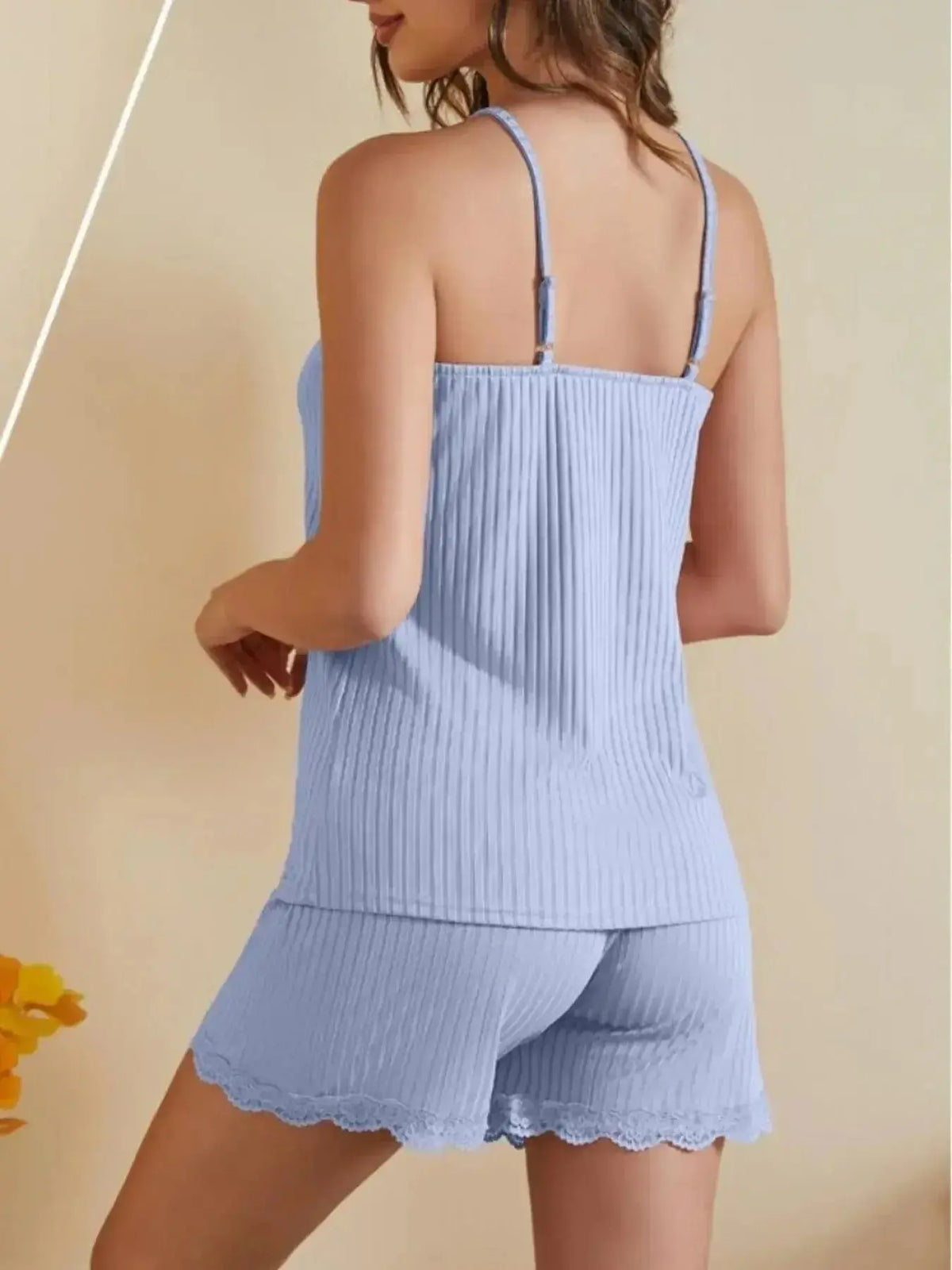 Women’s ribbed camisole and shorts pajama lounge set with lace trim from Plush Fashion Hub, casual and comfortable sleepwear.