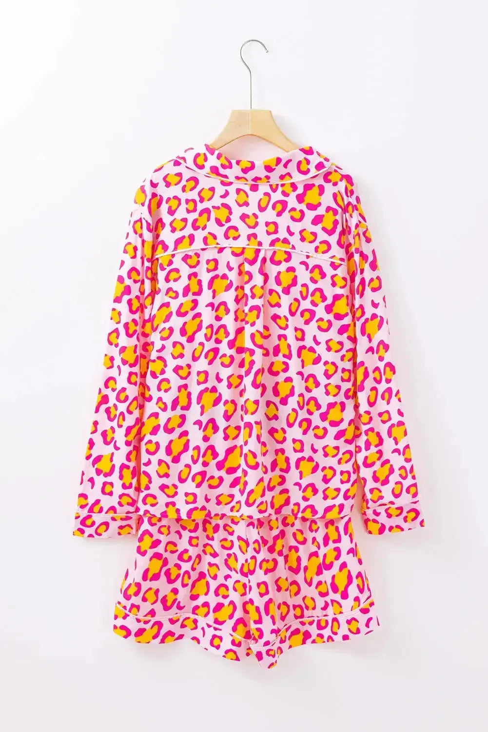 Women’s leopard print long sleeve collared pajama top and shorts lounge set by Plush Fashion Hub, stylish and comfortable sleepwear.