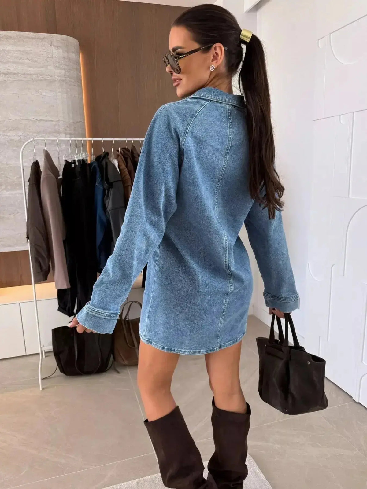 Women's long sleeve collared denim midi dress by Plush Fashion Hub, featuring casual button-down style and classic denim fabric.