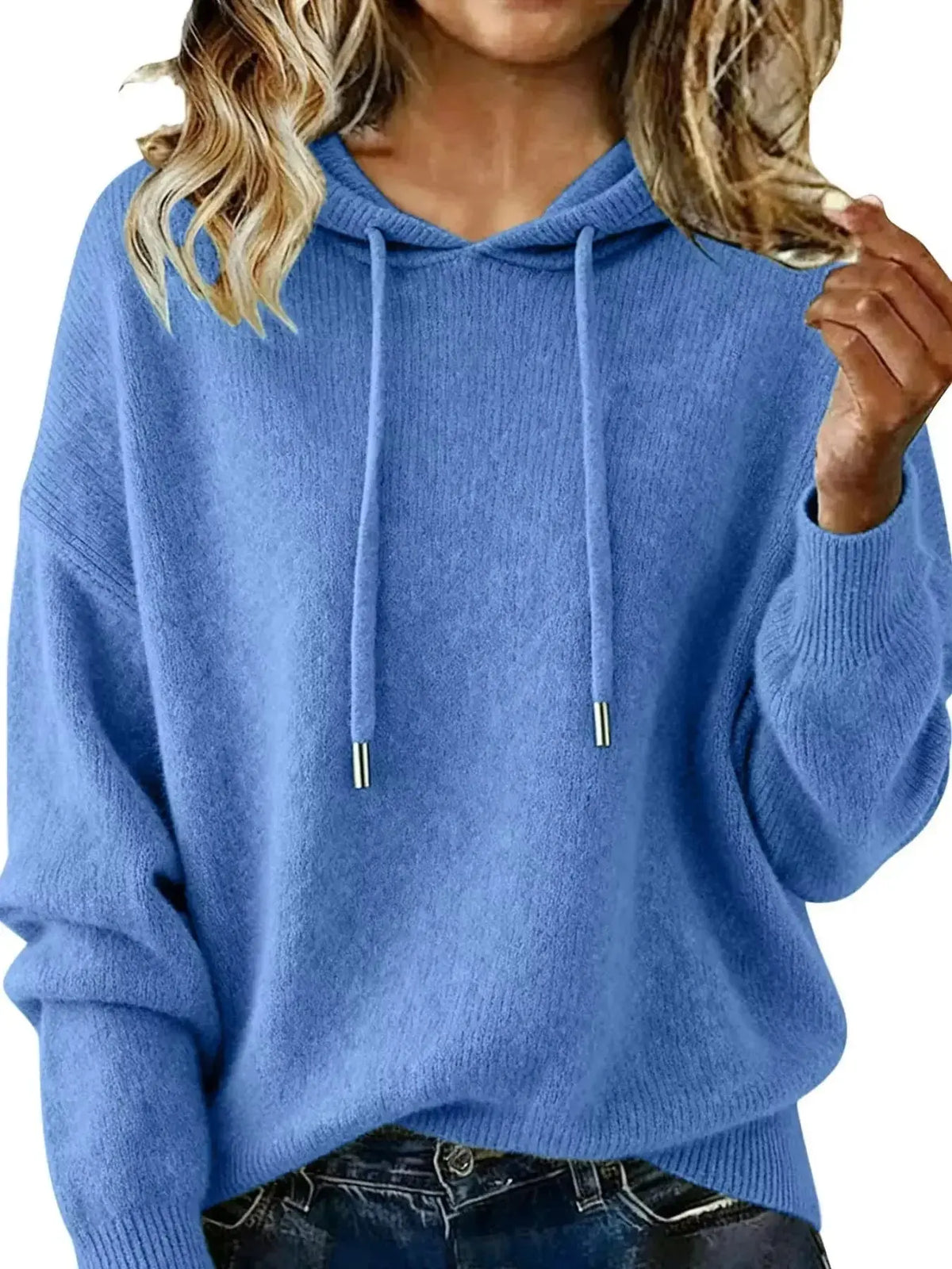 Women’s long sleeve drawstring hooded sweater by Plush Fashion Hub, cozy casual pullover with a relaxed fit and stylish hood.