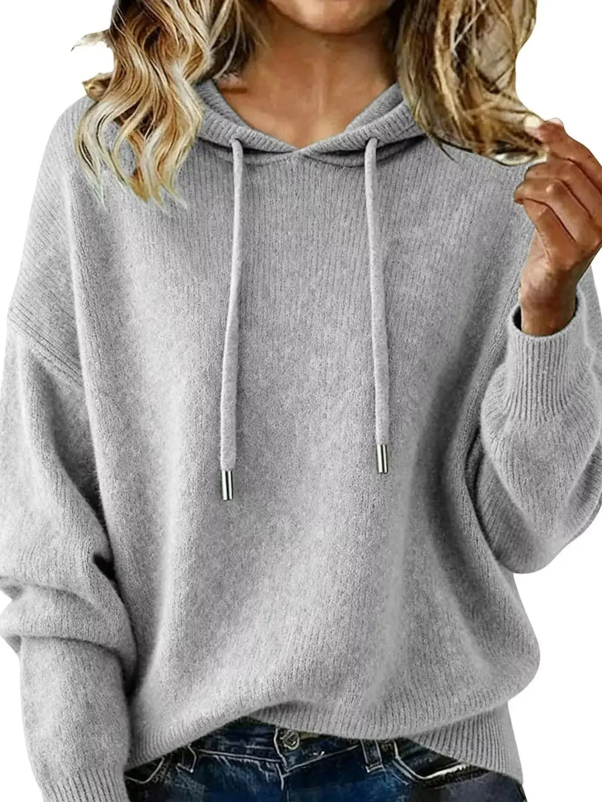 Women’s long sleeve drawstring hooded sweater by Plush Fashion Hub, cozy casual pullover with relaxed fit and soft fabric.