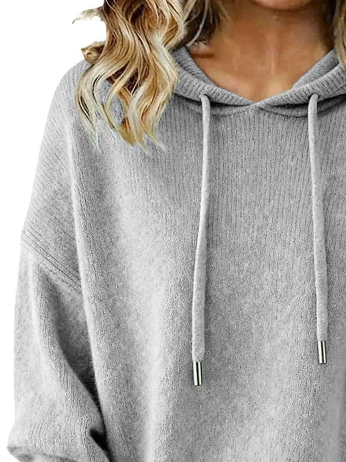 Women’s long sleeve hooded sweater by Plush Fashion Hub featuring a drawstring hood and cozy casual pullover style.