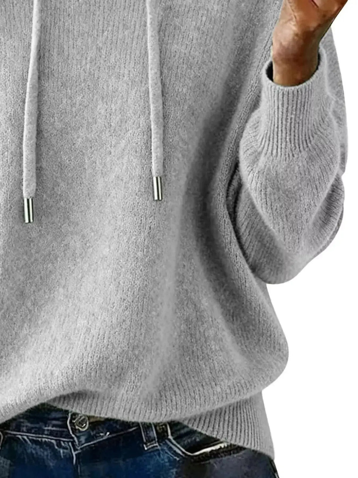 Women’s long sleeve hooded sweater by Plush Fashion Hub with drawstring hood, cozy casual pullover, perfect for chilly days.