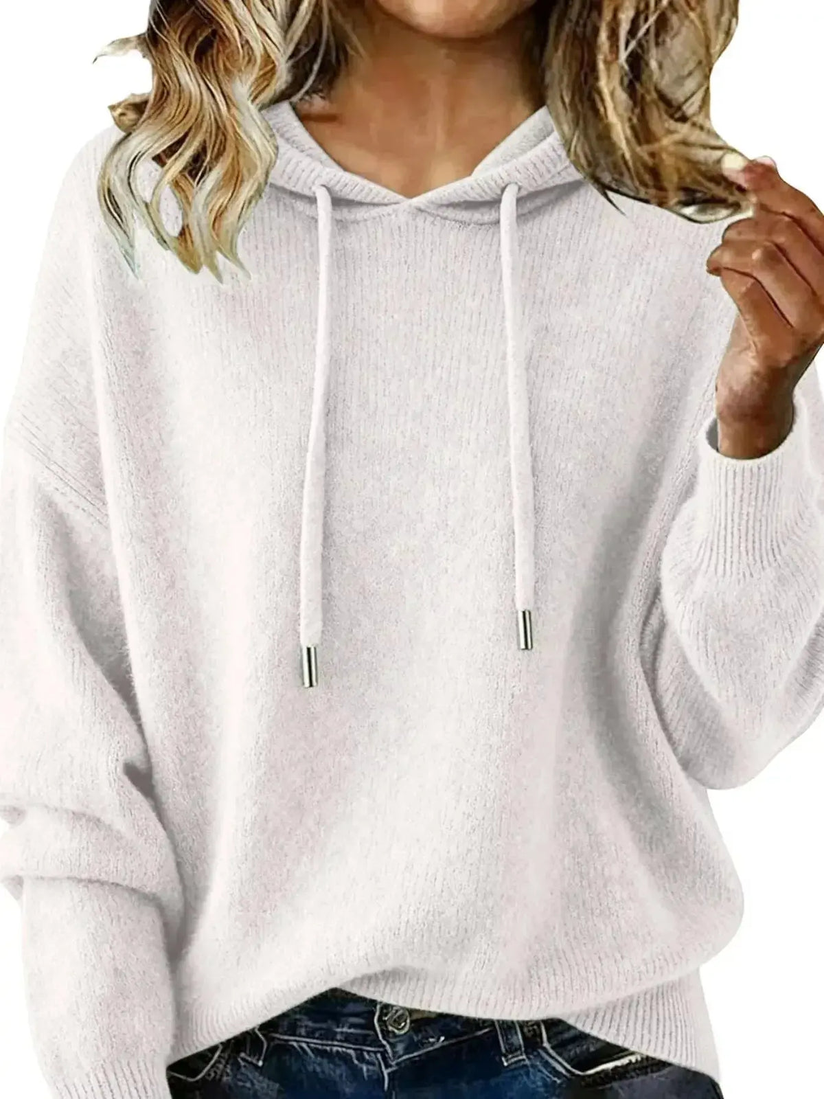 Women’s long sleeve hooded sweater by Plush Fashion Hub featuring drawstrings and a cozy casual pullover style.