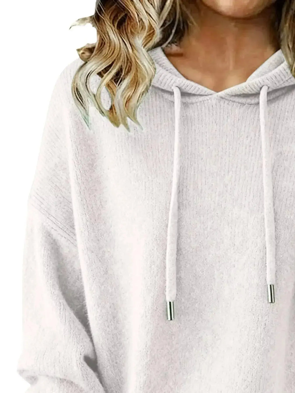 Women’s long sleeve drawstring hooded sweater by Plush Fashion Hub, cozy casual pullover with a relaxed fit and stylish design.