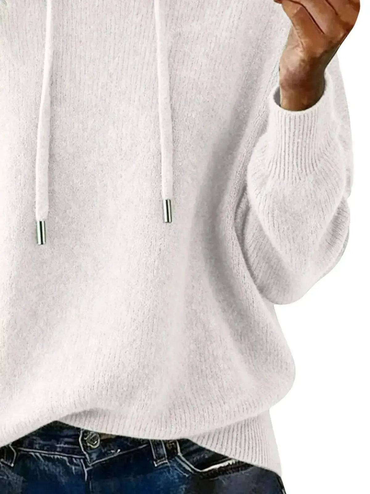 Women’s long sleeve drawstring hooded sweater from Plush Fashion Hub, cozy casual pullover with a relaxed fit and front pockets.