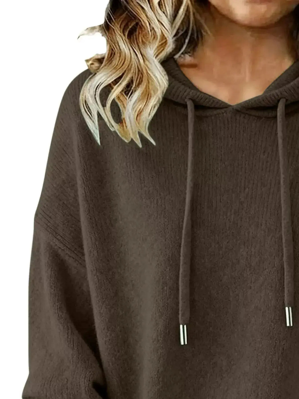 Women’s long sleeve drawstring hooded sweater by Plush Fashion Hub, cozy casual pullover with a relaxed fit and soft fabric.