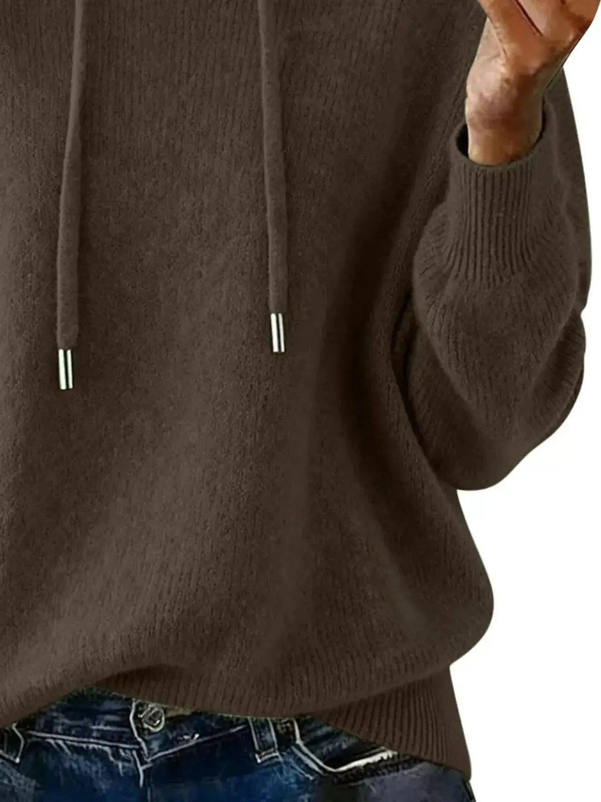 Women’s long sleeve hooded sweater by Plush Fashion Hub featuring a drawstring hood and cozy casual pullover style.