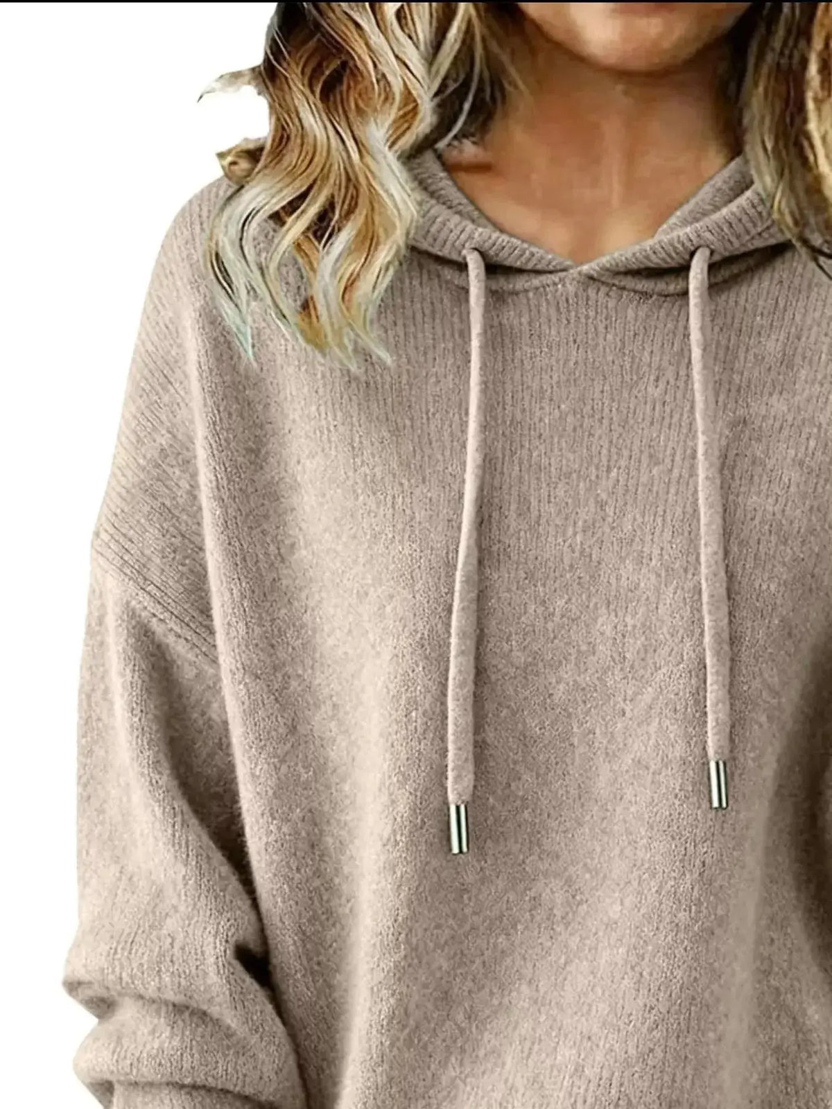 Women’s long sleeve hoodie sweater by Plush Fashion Hub featuring a drawstring hood and cozy casual pullover style.