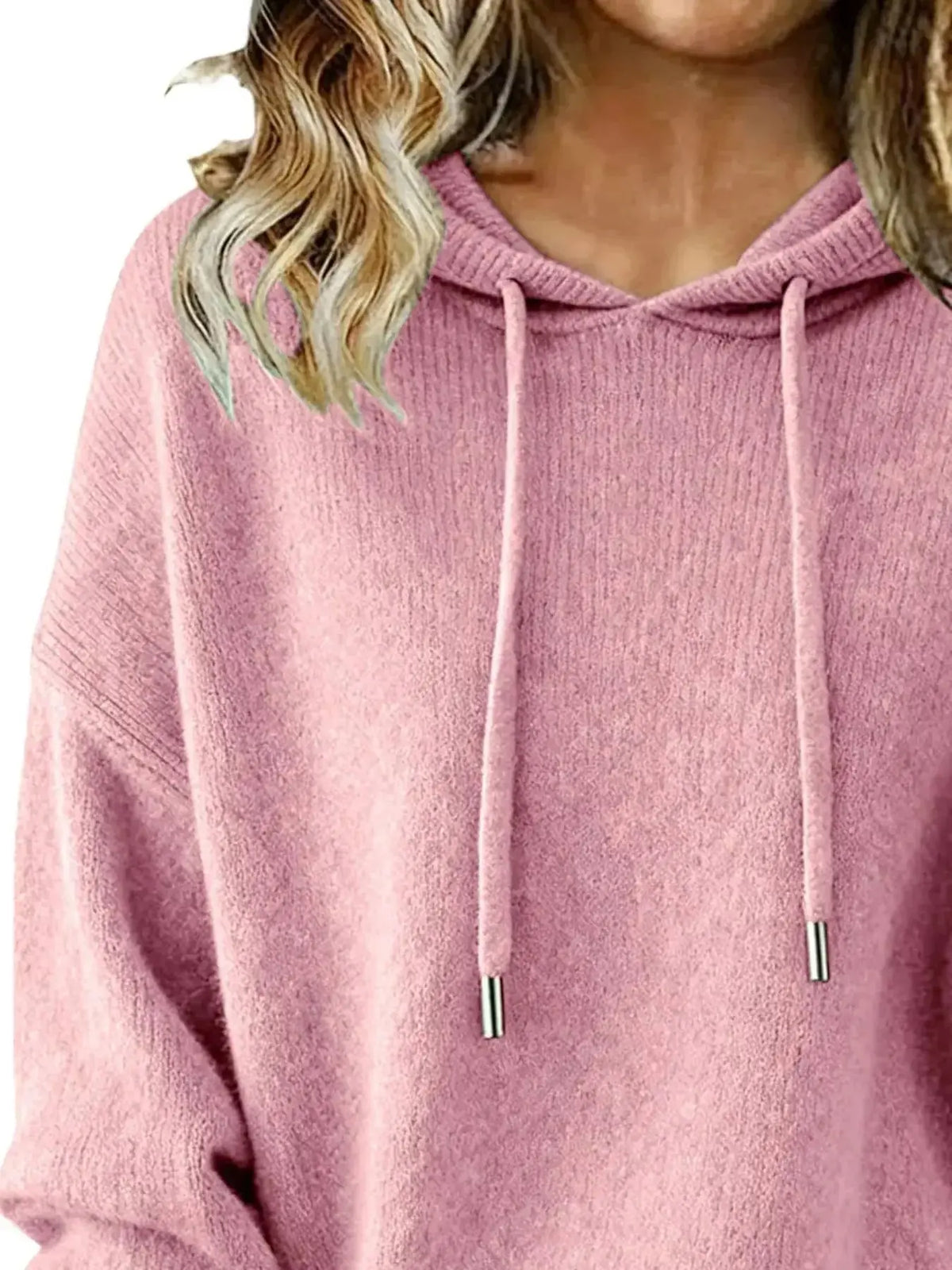 Women’s long sleeve drawstring hooded sweater by Plush Fashion Hub, cozy casual pullover with a relaxed fit and stylish hood.