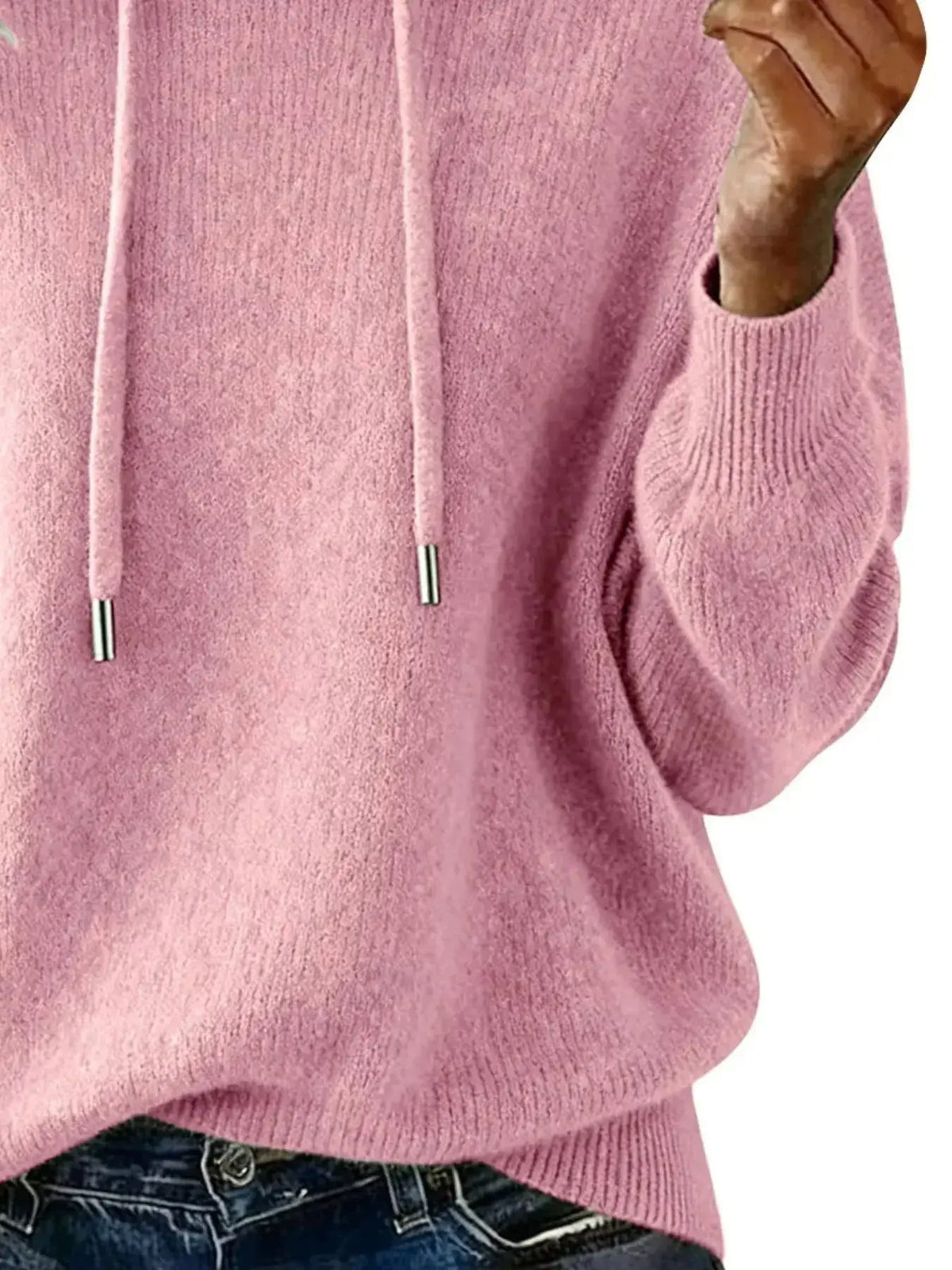 Women’s long sleeve hooded sweater by Plush Fashion Hub with drawstring hood, cozy casual pullover, ideal for comfortable everyday wear.