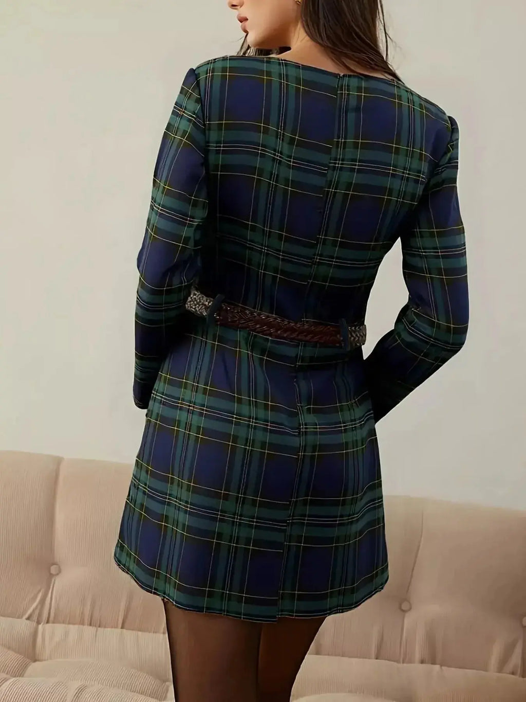 Women's long sleeve plaid A-line casual dress by Trendsi, lightweight fall fashion with a stylish, comfortable design.